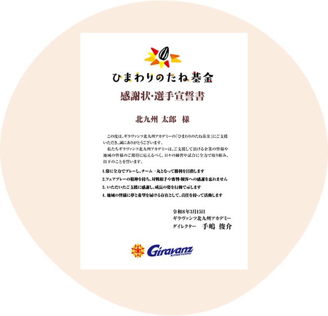 アカデミー選手署名入り 感謝状・宣誓書